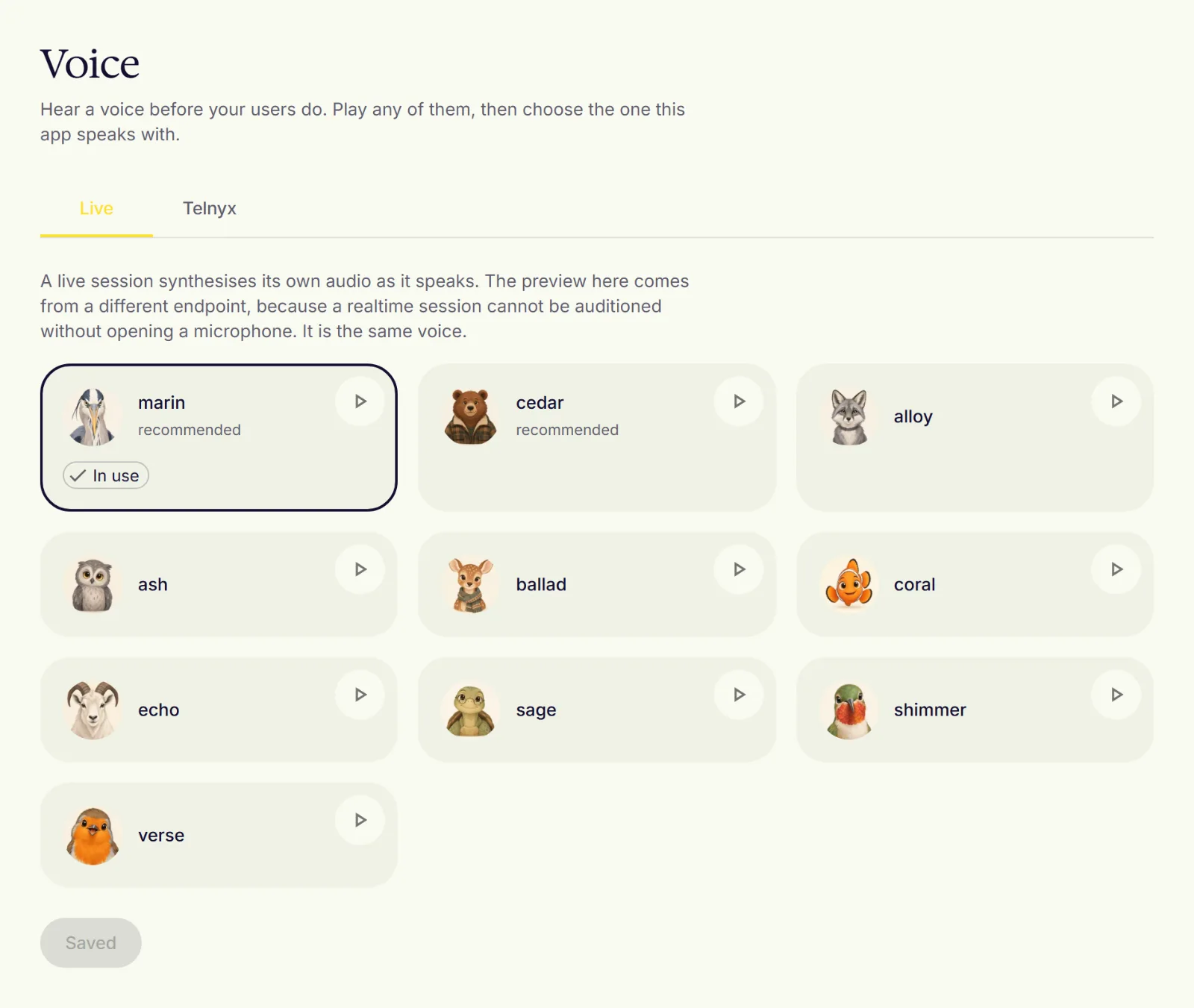 The Console voice page: a grid of voice cards with a preview button on each
